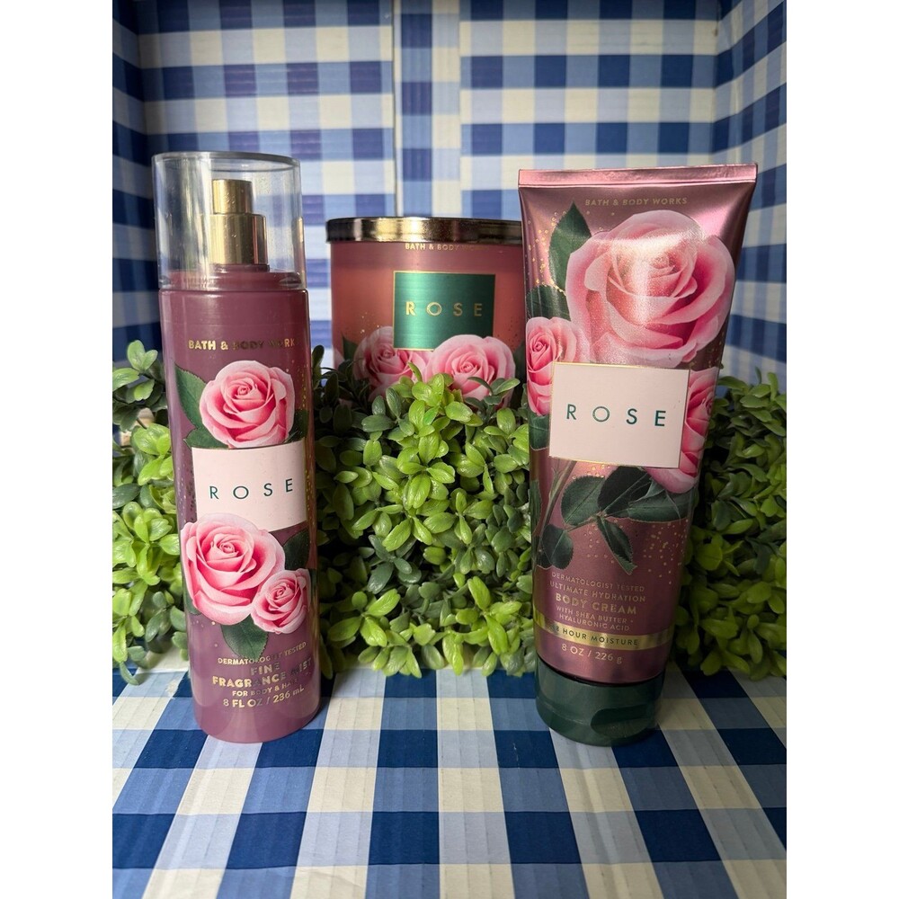 Bath & Body Works ROSE Fragrance Set 3 Wick Candle, Mist & Lotion Bundle BBW